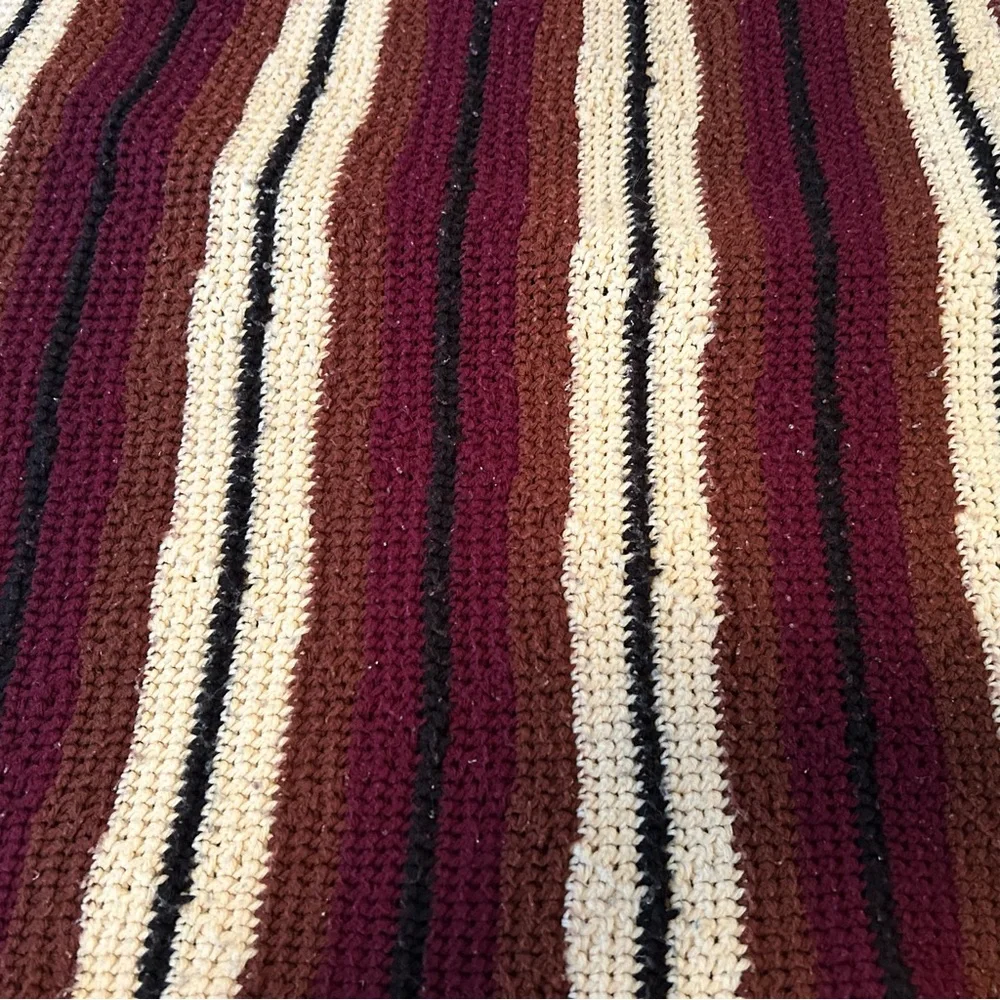 Vintage Crochet Brown Cream Stripe Handmade Blanket Throw Afghan with fringe